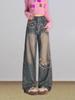 Women's High Waist Wide Leg Jeans Loose Fit Casual Kitty Embroidery Straight Leg Jeans