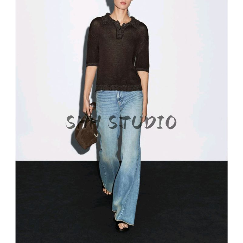 MD Early Autumn New Women Clothes Intelligent Commuter Style Slightly Transparent Hollow Cotton Short Sleeve Knitted Polo Shirt 5627826