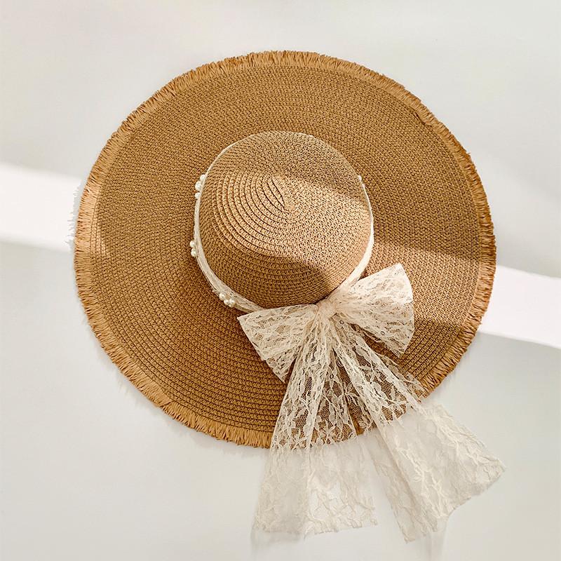 French Lace Bow Summer Wide Brim Hat For Sun Protection Beach Vacation Fans