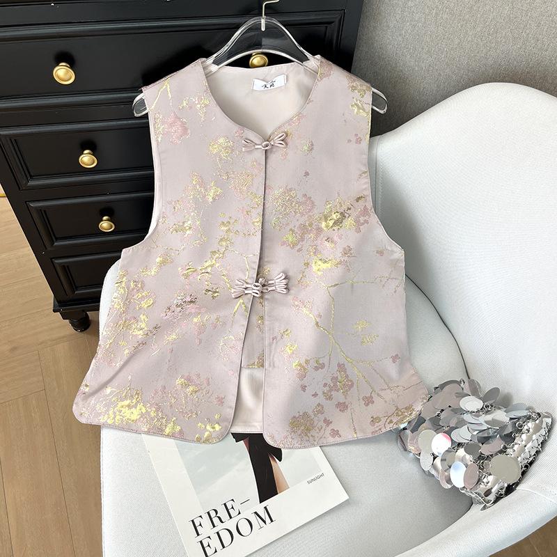 

Жилет без рукавов с круглым вырезом, жаккардовое плетение, золотой, новый, ретро-шик, темпераментный, короткий, с клипсой сзади XXXL [Recommended 138-75kg] розовый