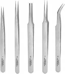 TAURISH 5-Piece Non-Magnetic Precision Tweezers Set, Stainless Steel