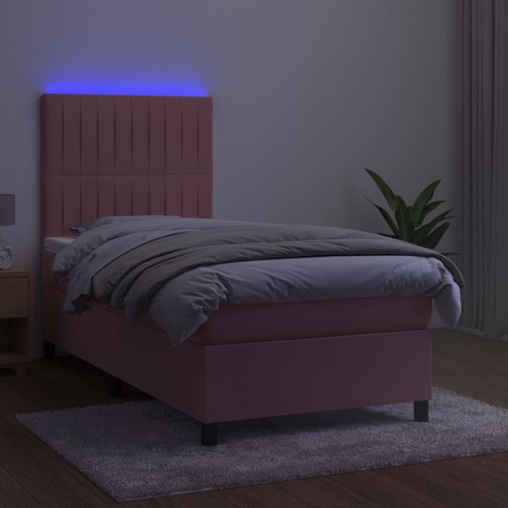 Vidaxl Łóżko Kontynentalne Z Materacem I Led, Różowy Aksamit 90X190 Cm