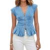 Women's V Neck Denim Vest Top, Sleeveless Button Down Ruffle Trim Jean Top, Summer Casual Strechy Waistcoat
