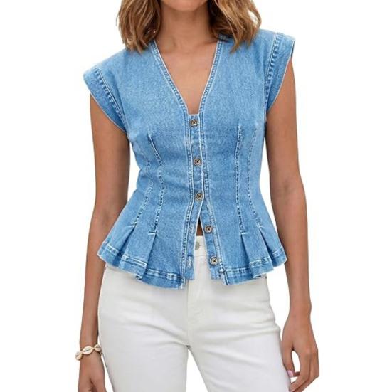 Women's V Neck Denim Vest Top, Sleeveless Button Down Ruffle Trim Jean Top, Summer Casual Strechy Waistcoat