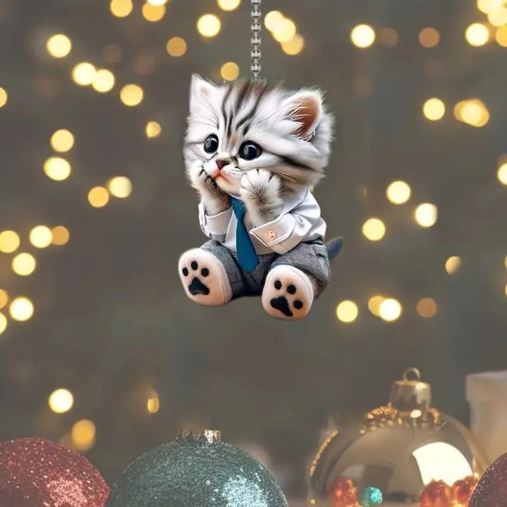 Cat Car Mirror Pendant Car Hanging Ornament Acrylic Rear View Mirror Car Interior Decoration Gift with Cartoon Chain