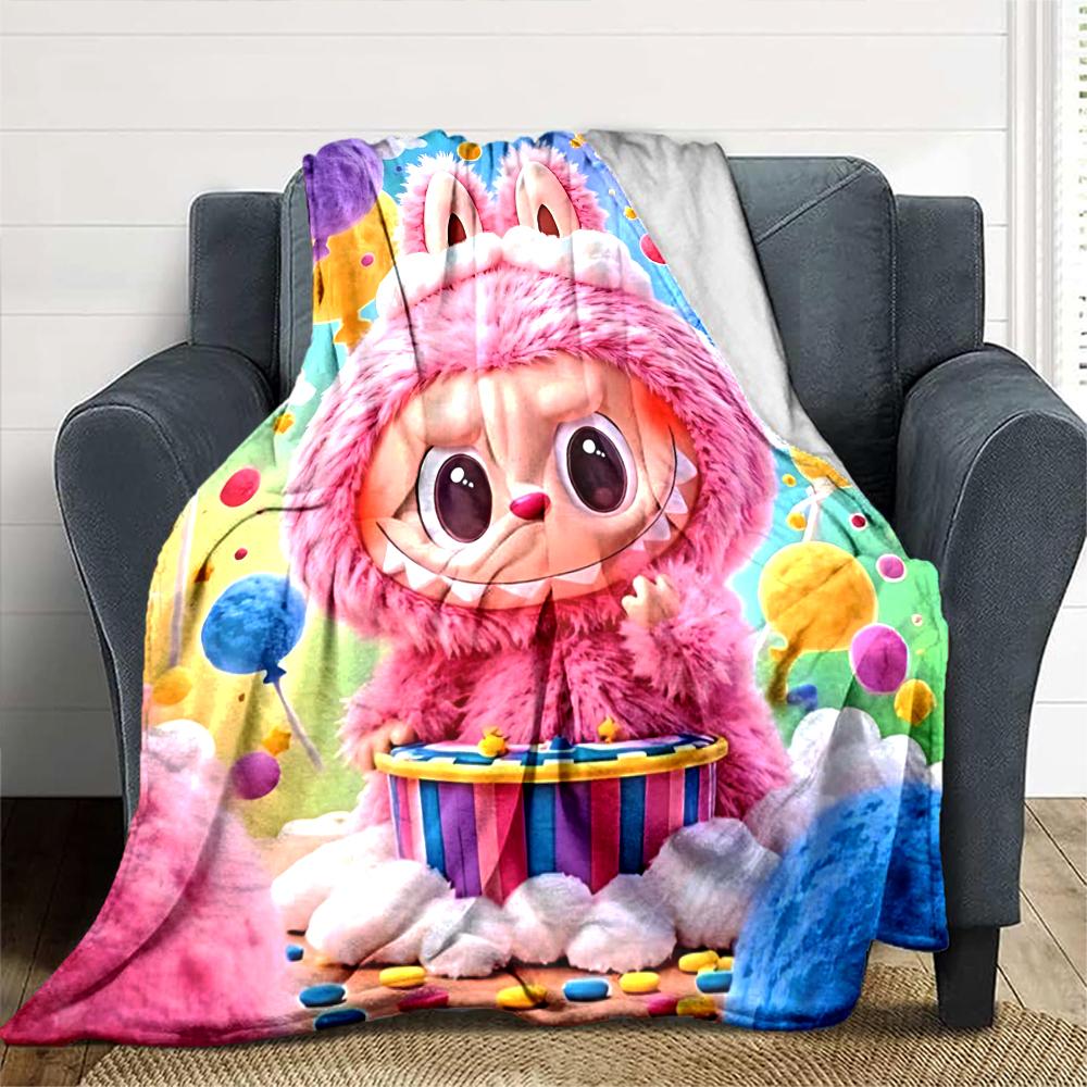 1Pc Cute Labubu Blanket Soft Comfortable Polyester Blanket All Season Use Suitable Bedroom Office Outdoor Perfect Christmas Gift Choice Print Home Bla