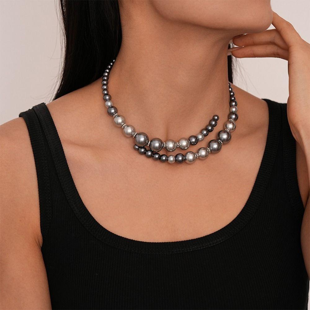 Temperament Glass Pearl Openning Necklace Grey Choker Neck Accessories  Birthday
