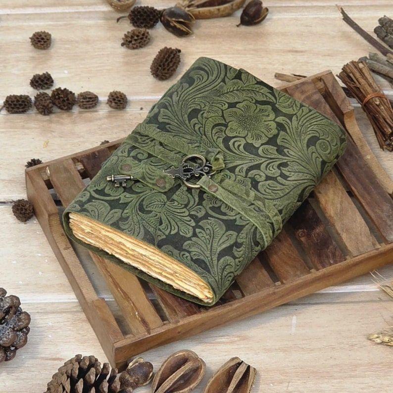 Embossed Green Leather Journal: Floral Spell Book, Deckle Edge Paper