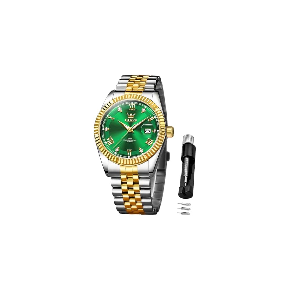 OLEVS Quartz Wristwatch Men s Waterproof Date Luminous Stainless Steel Fashion Business Watch Green & Silver