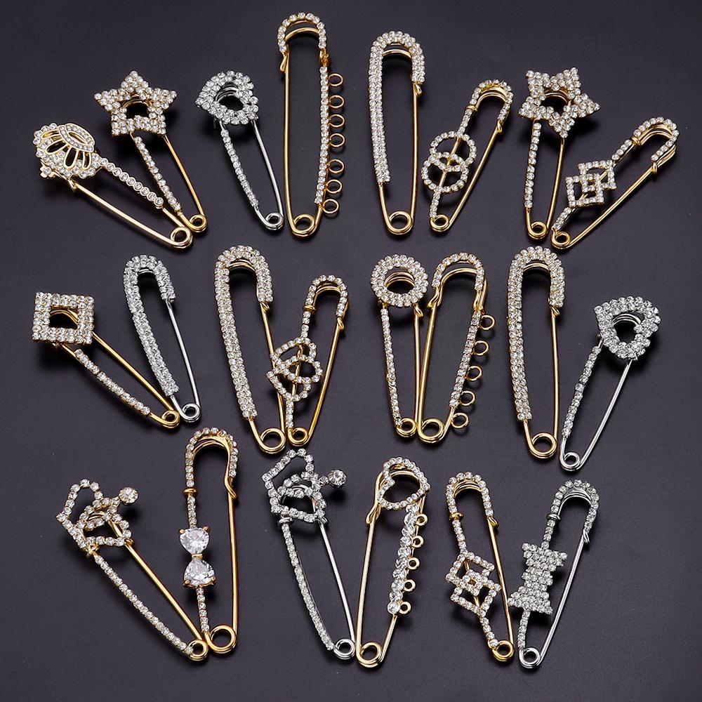 2pcs/Lot Alloy Rhinestone Brooch Pins Gold Silver Color Safety Fixed Brooches for Garment Decoration Jewelry Making