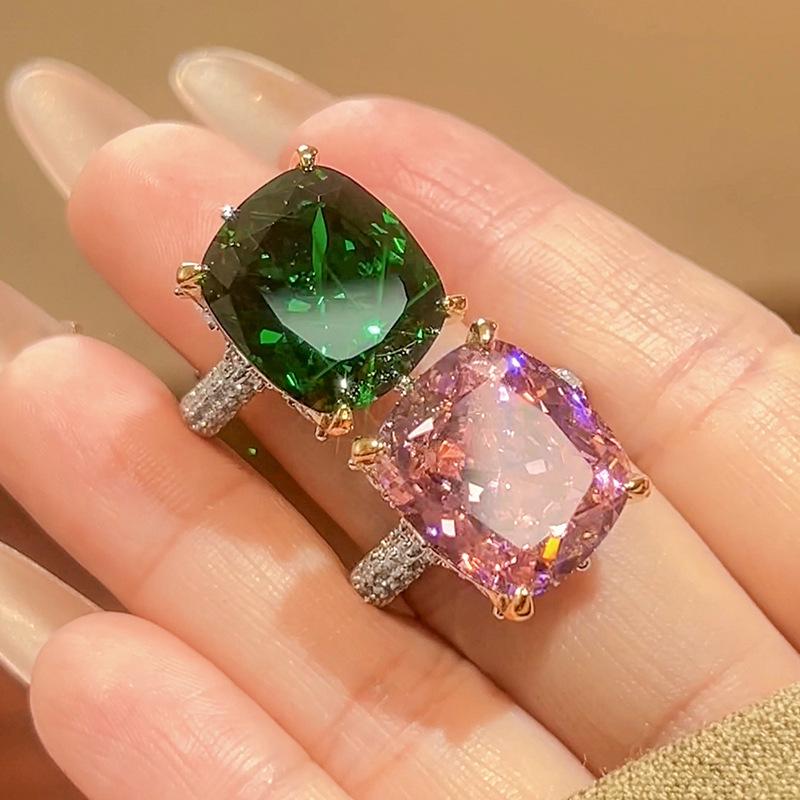 Lehký luxusní šperk vykládaný prsten Vintage střih ptačího hnízda růžový lepkavý smaragd dámský prémiový prsten