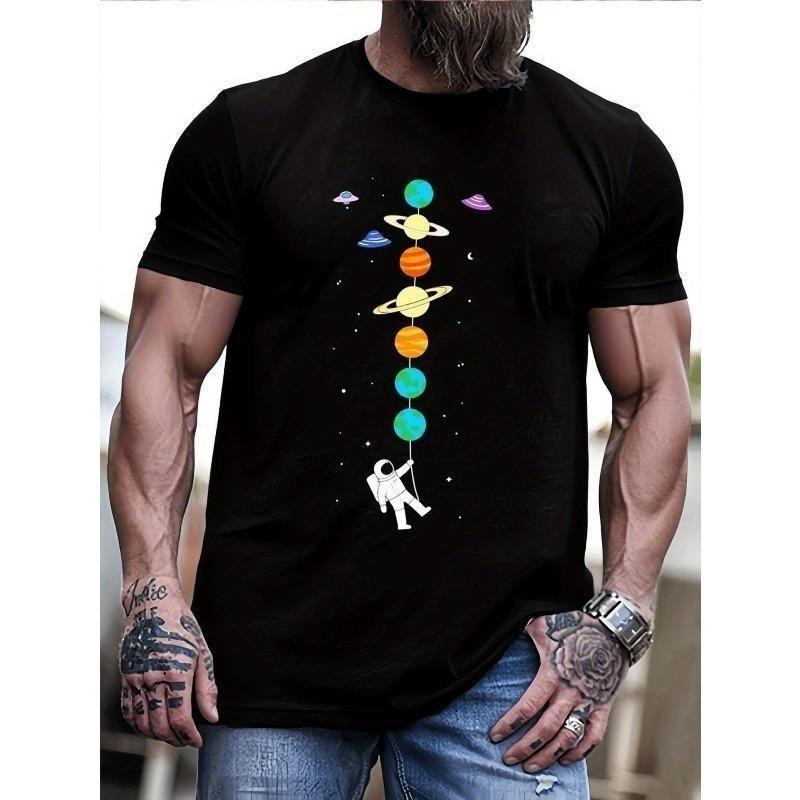 European sizes Men's Oversized Black T-Shirt with Solar System Planets & Astronaut Graphic - Plus Size Casual & Space-Themed Apparel