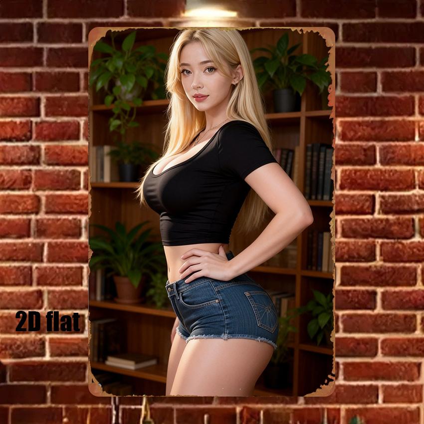 Hochauflösende Blechmalerei Blondine im schwarzen Crop-Top und Jeans-Shorts mit Bücherregal-Hintergrund Vintage-Metallschild Wand A