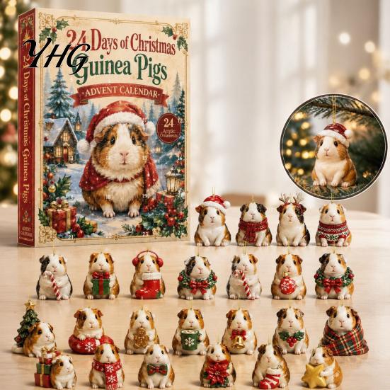 Decorative Acrylic Pendants Guinea Pig Advent Calendar, 24-Day 2D Ornament Set with Christmas Countdown Gift Box Outfits, Tree Hanging Decor, for Pet