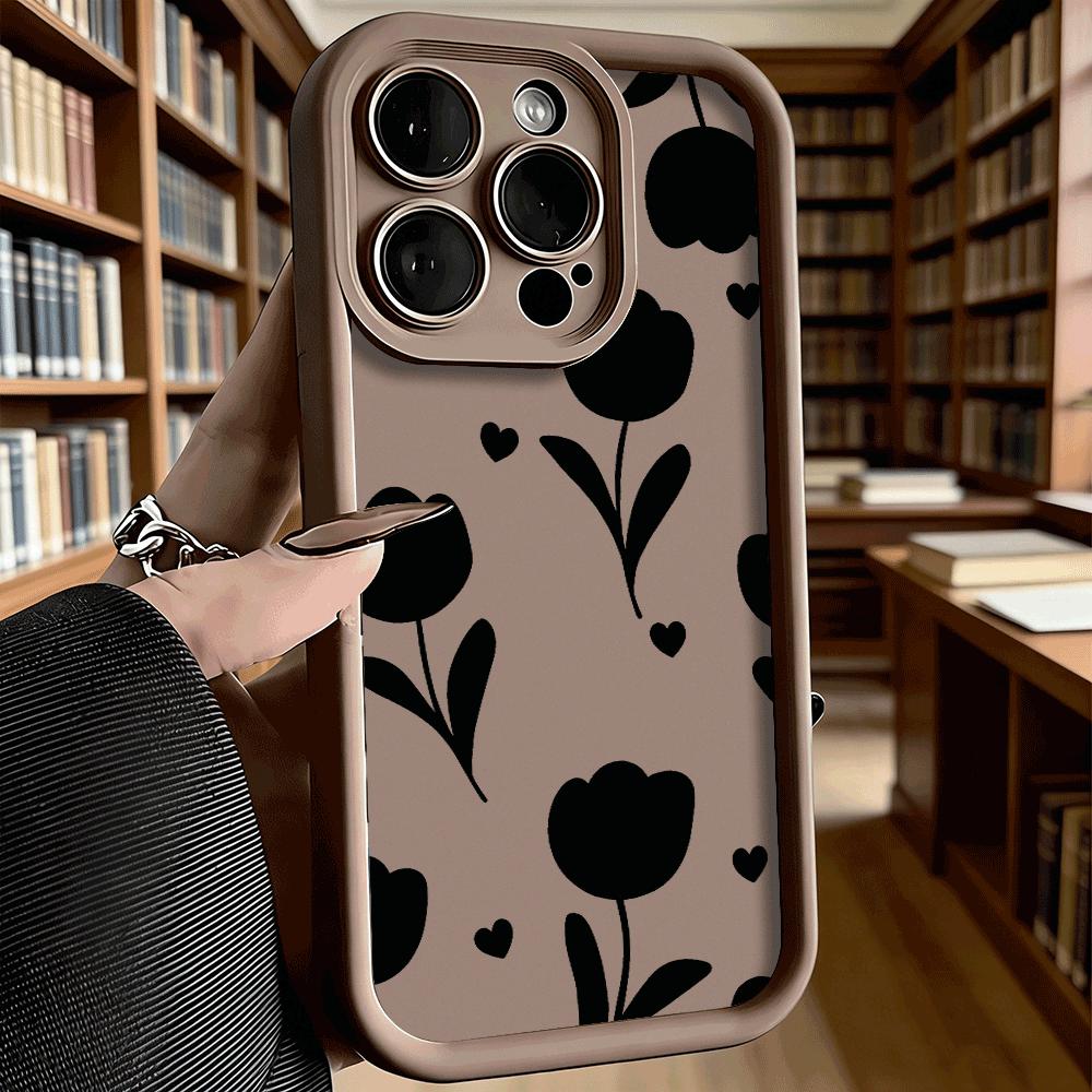 Black Tulip Flower Pattern Luxury Anti-Slip TPU Phone Case For Xiaomi Redmi Note 15 14 13 12 11 10 9 Pro Full Protective Cover