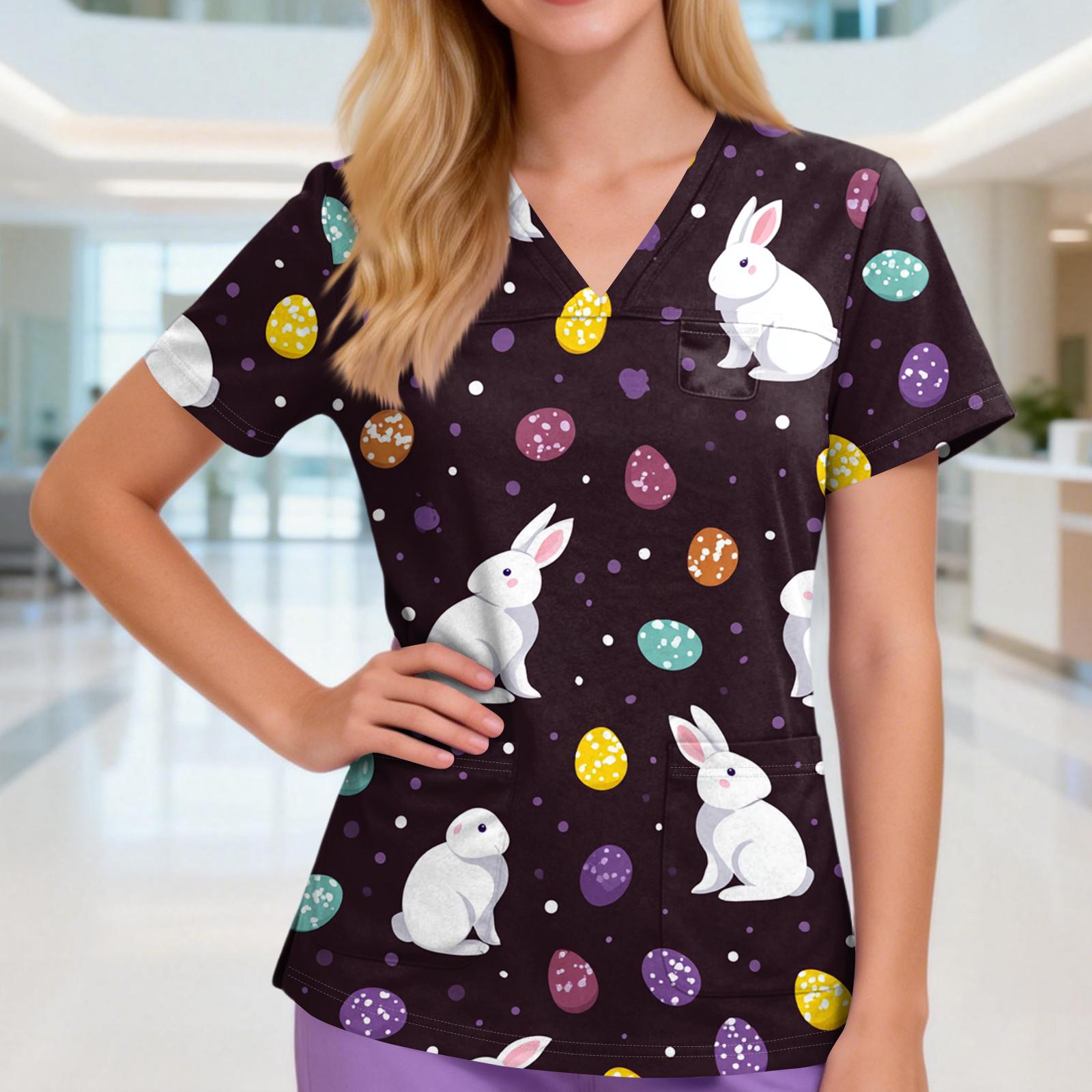 

Women s V-neck Three-pocket Short-sleeved Easter Print Uniform/caregiver Top With Slits At The Hem XXL білий
