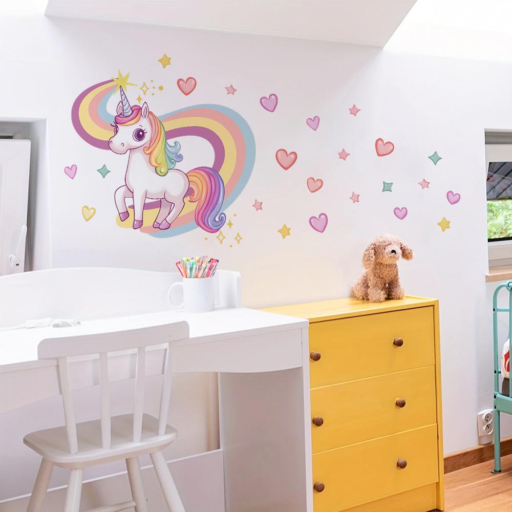 Schattige Eenhoorn Regenboog Muursticker Kinderkamer Slaapkamer Wanddecoratie Zelfklevende Muurkunst