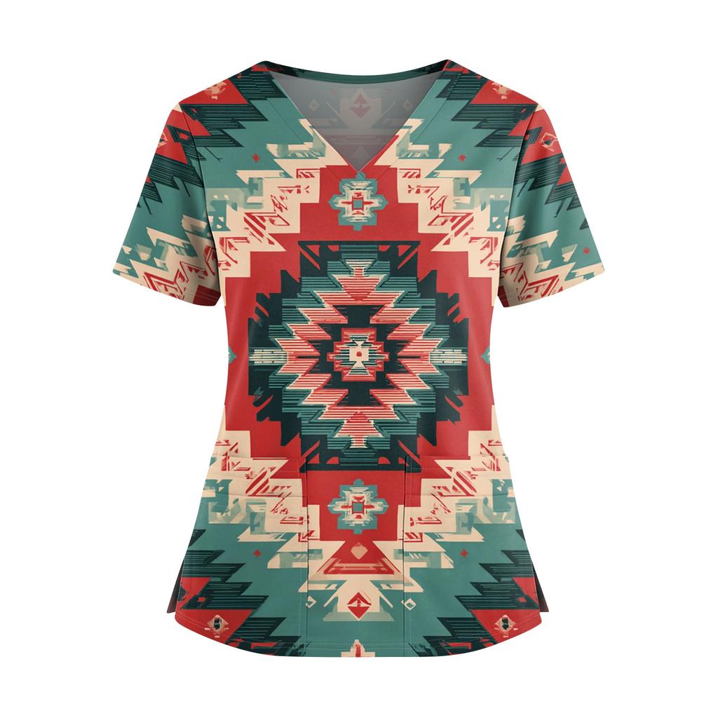 Dámská módní košile s květinovým potiskem, výstřihem do V, dvojitou kapsou, krátkým rukávem, rozparkem na lemu a ochranným pracovním topem