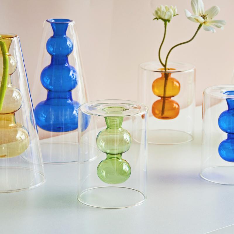 Nordische moderne doppelwandige Vase, kreative hydroponische transparente Glasvase, Wohnzimmer-Desktop-Dekor, personalisiertes Kunstornament