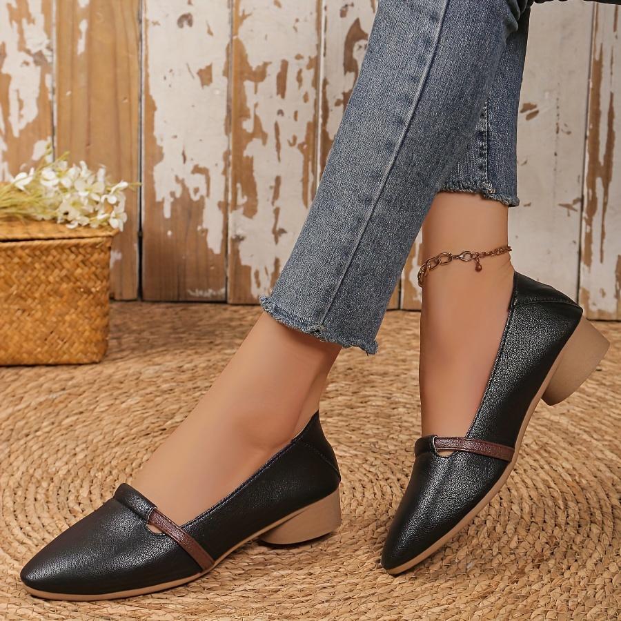 Spring/Fall Versatile Soft Leather Women's Shoes French Vintage Low-Heel Chunky-Heel Loafers Soft Sole Pointed Toe Low-Cut