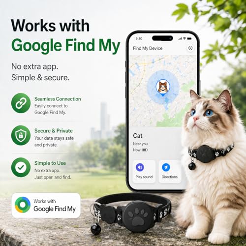 Pet Tracker GPS Collar for Cats Android Only  Smart Tag Waterproof Compatible with Google Find My No Monthly Fee Advanced Tracking Solution Smart
