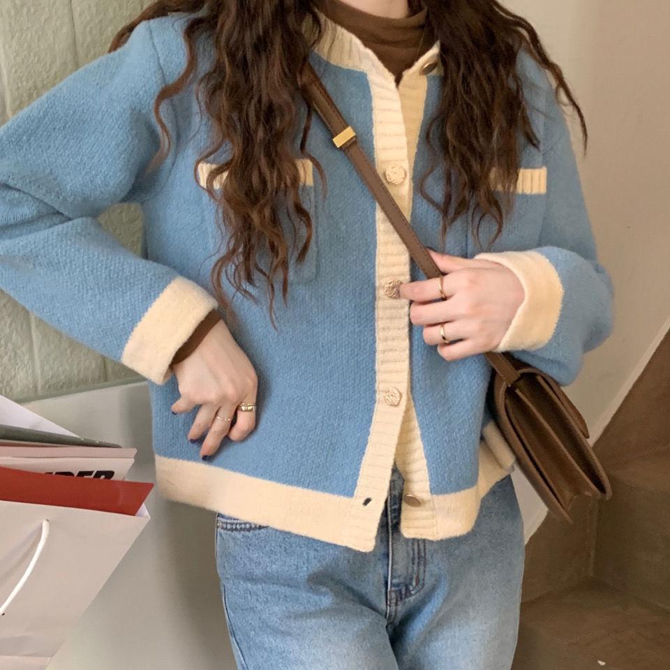 

2022 весенне-осенний свитер, пальто, женский цвет, свободная верхняя одежда, вязаный кардиган, корейское нежное и милое пальто One Size синий