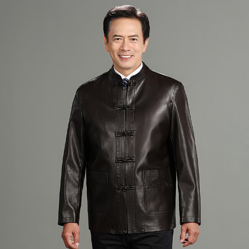

Мужские кожаные куртки больших размеров для людей среднего и пожилого возраста, кожаные куртки в стиле Тан, китайские топы, одежда для пап, кожаные куртки в китайском стиле для мужчин 4XL