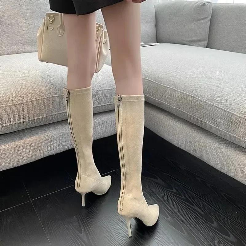 Fashion High Knee Boots Europe and America Sexy Stiletto Mid-calf Boots Women's Elastic Pointed Modern Boots Women Shoes