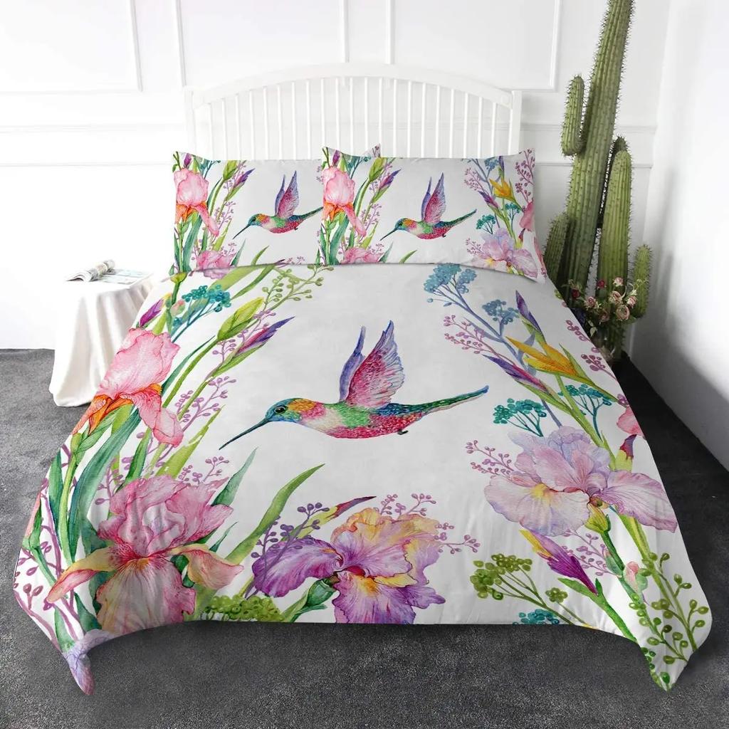 Kolibri påslakan med virvlande blad och blommor, med vårtema, dekorativa sängkläder, blek elfenben, rumsdekoration, kvinnor