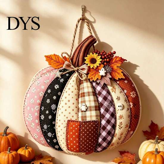 Cartello Appeso in Legno di Halloween Zucca Patchwork Appendiporta, Decorazione Casa Raccolta Autunnale con Foglie d'Acero Bacche, Parete Frontale Rustica Stagionale