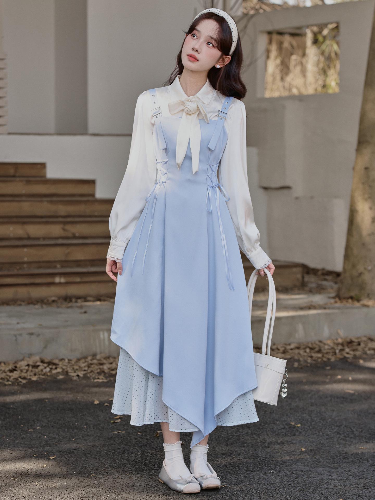 Elegant French Style Blue Two-Piece Set with Bow Tie Shirt and Waist-Cinching Suspender Skirt S