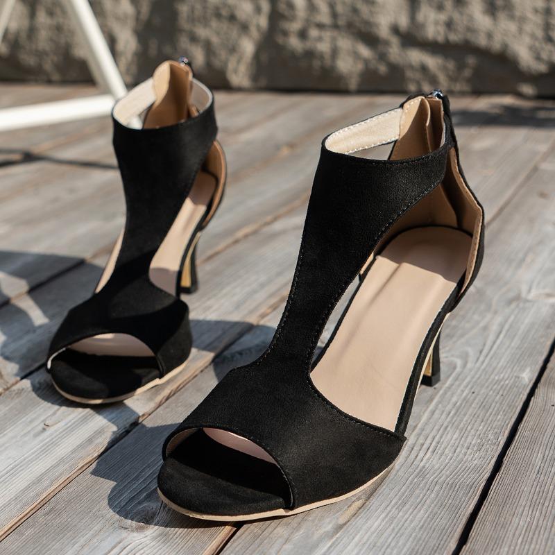 Fashion Shoes New 2025 Women High Quality Summer Woman Sandals Solid Color Rome Flock Mid Heel Zipper Open Toe Beach Sandals Female