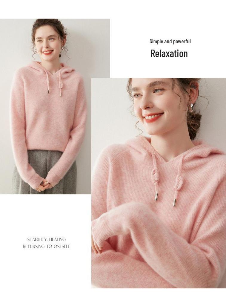 Stylish Women's Hooded Cashmere Sweater, Loose Fit, Double-Strand Ingot Stitch; Ideal for Layering in Autumn and Winter