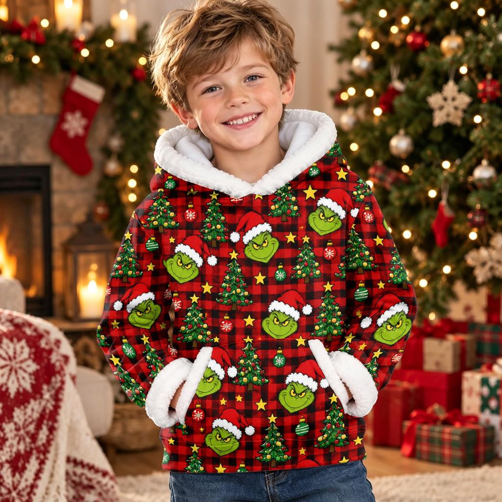 Kids Long Sleeve Christmas Print Casual Hooded Top for Boys and Girls Holiday Outfit