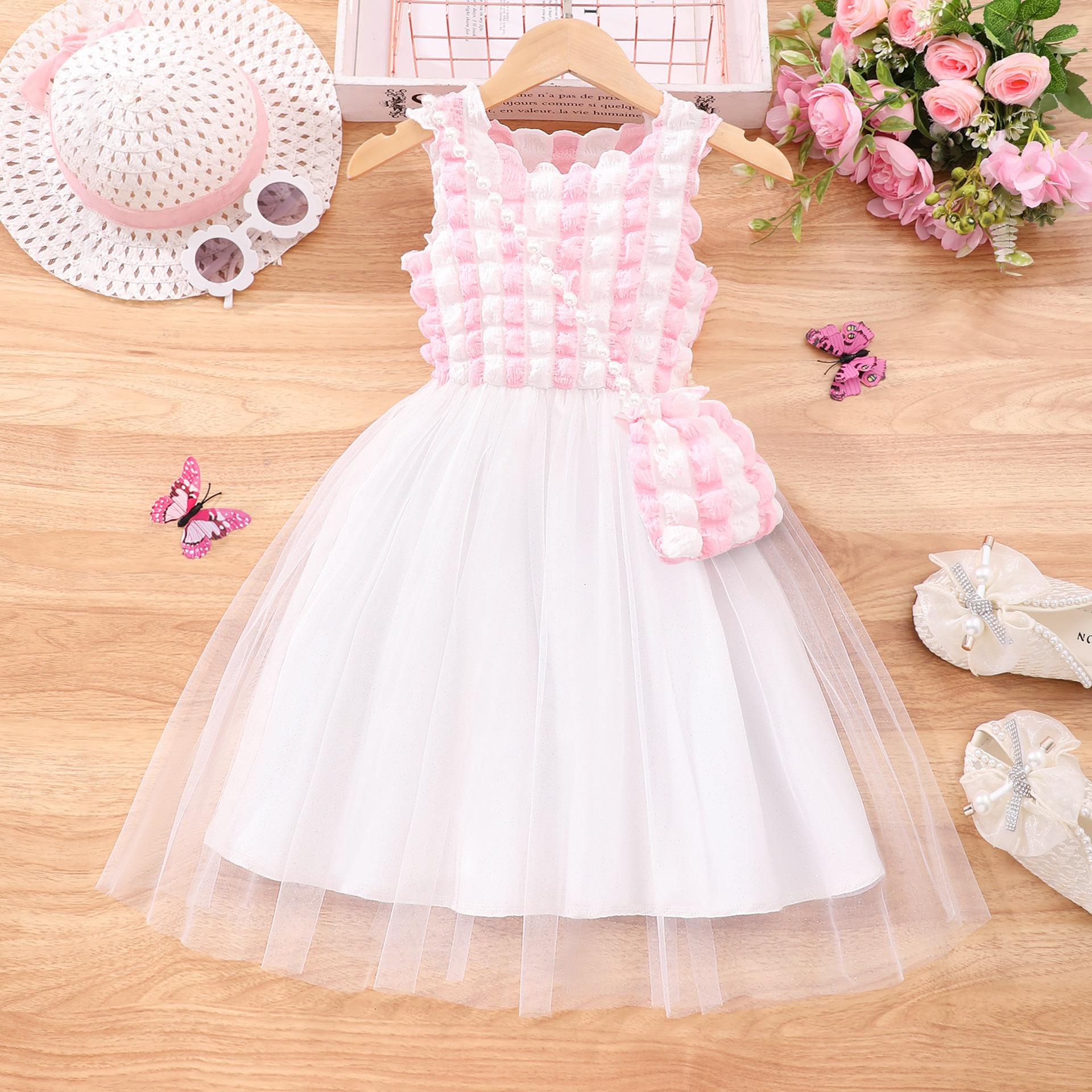 

Children s Sleeveless Bubble Mesh Dress Summer Girls Fashion Cute Dress with Pearl Chain Bag 7Y
