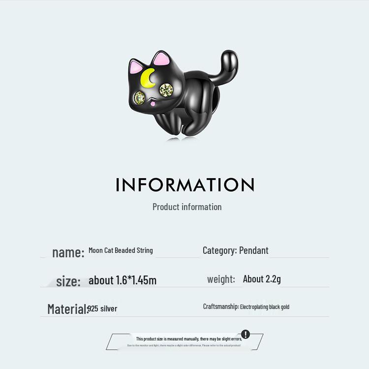 Sterling Silver S925 Moon Cat Beaded Bracelet with Black Gold Plated Zircon Halloween Beads