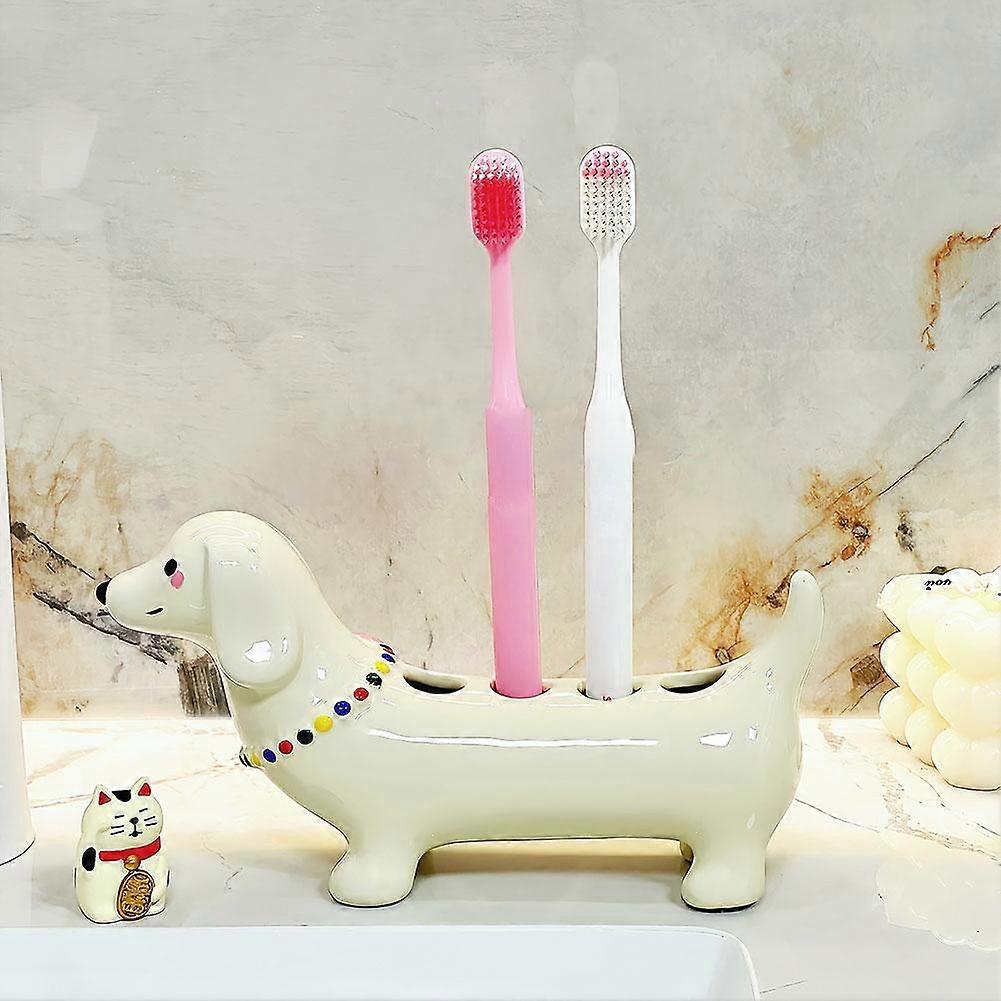 For Electric Toothbrush Holder Ceramic Dachshund Design 4 Compartments Waterproof Bathroom Organizer Cute Countertop Storage