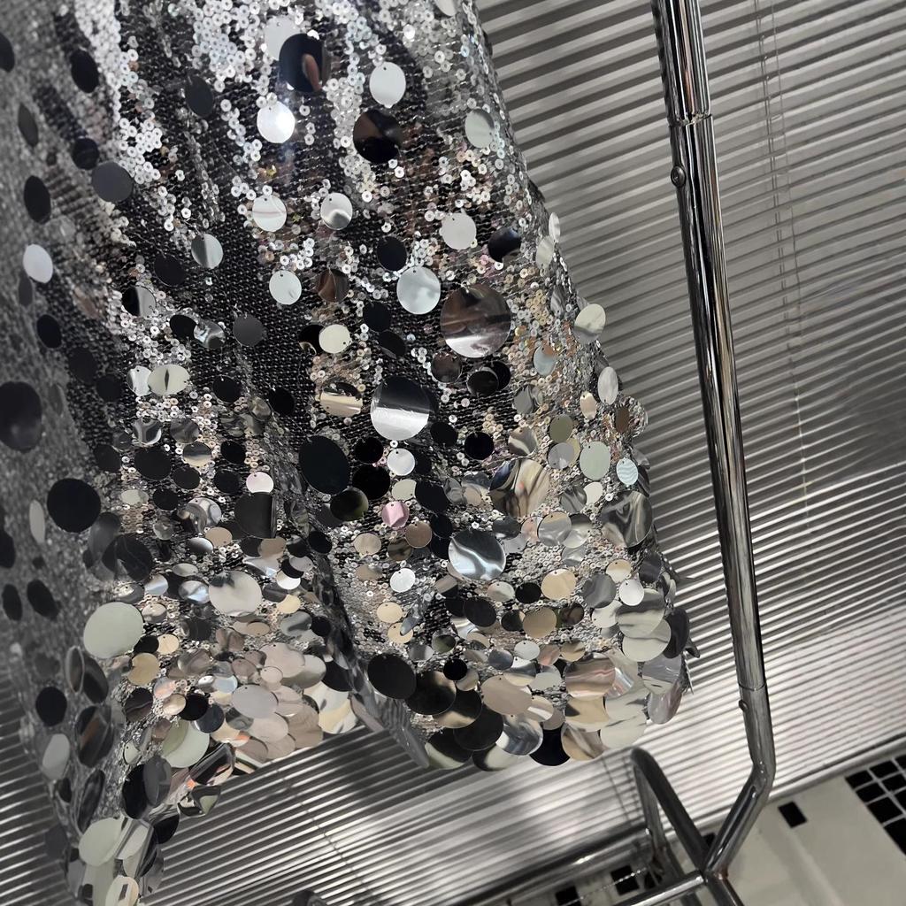 Spring 2026 Silver Sequin High-Waisted A-Line Long Skirt