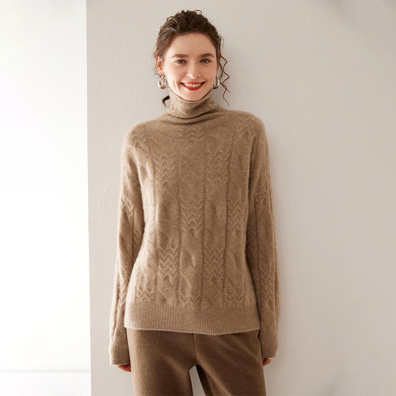 Women's High Neck Cable Knit Cashmere Sweater - Cozy, Loose Pullover for Autumn & Winter