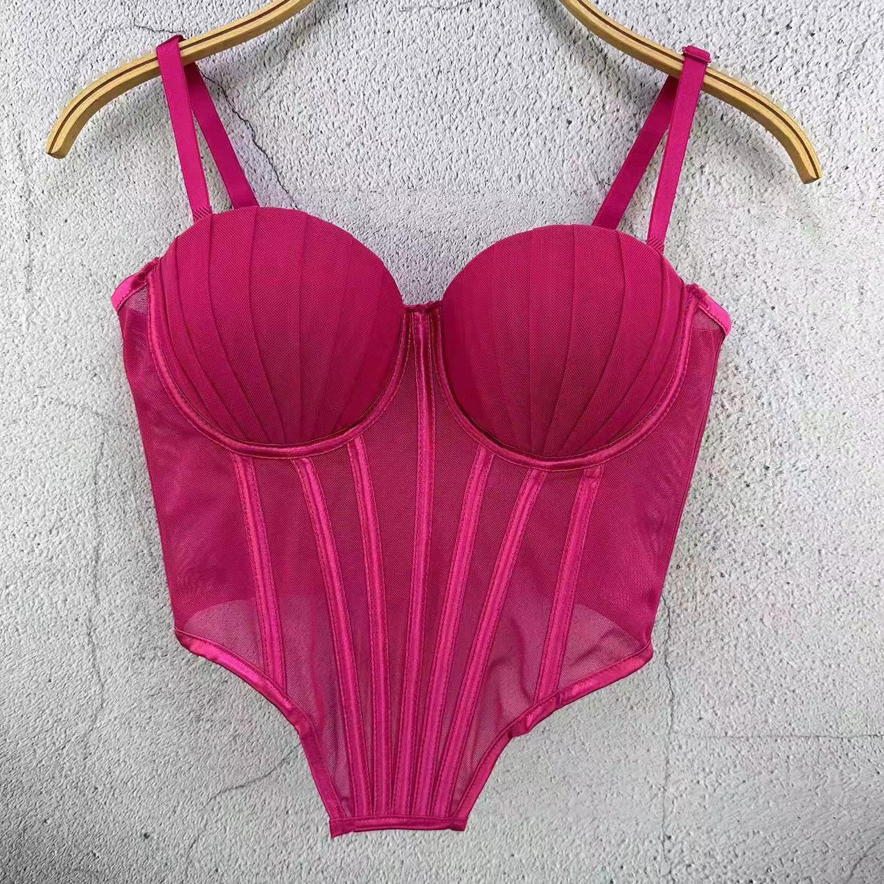 

French-inspired Mesh Lace Bustier Top with A Sculpted Back Outerwear Fishbone Strapless Top for Women Lightweight Style Camis & Tank Tops 34/75 рожевий червоний колір