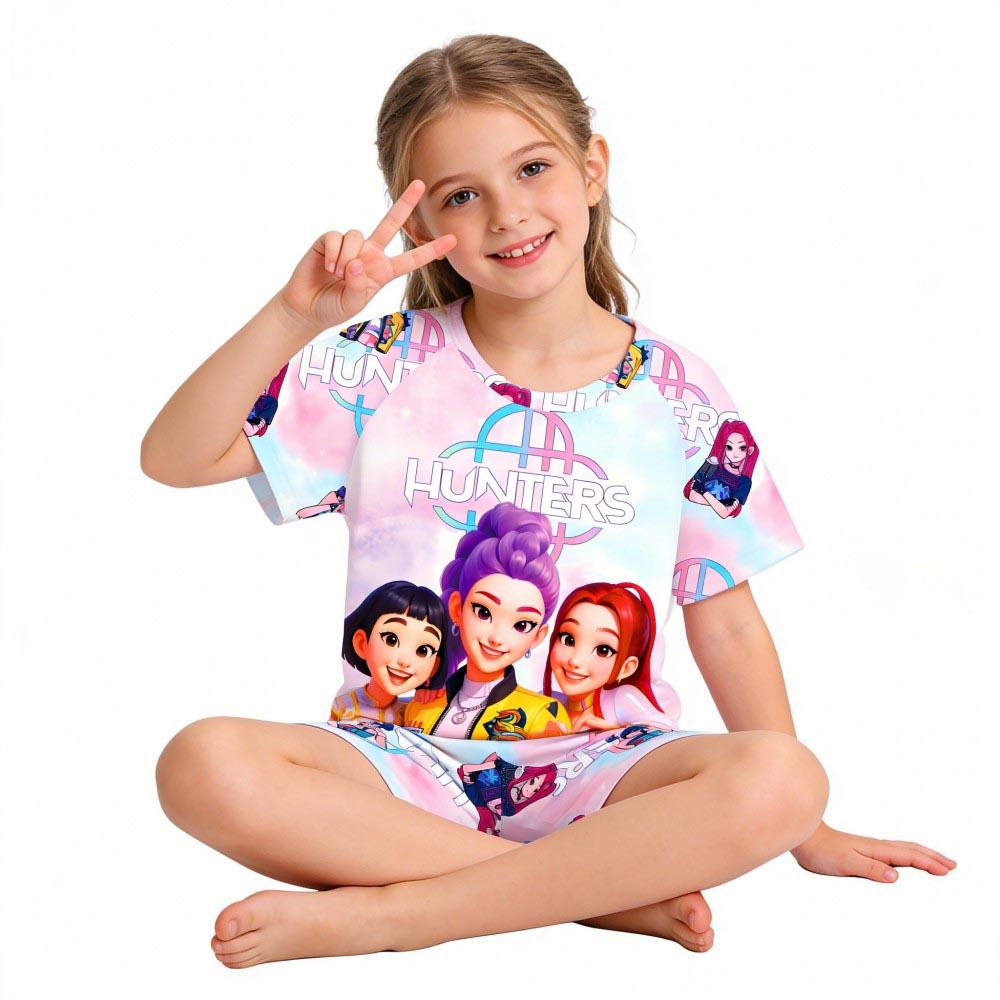 Kids Girls Boys 2PCS Pajamas Set K-pop Style Anime Short Sleeve T-shirt + Shorts Summer Comfortable Children Homewear Nightwear