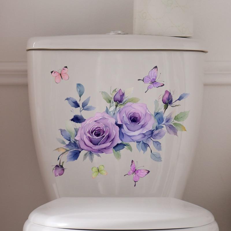 1PC Flower Toilet Cover Sticker, Creative Purple Self-adhesive PVC Sticker, Toilet Water Tank Decoration, Bathroom Decoration