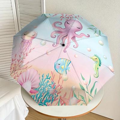Underwater Paradise: Cute Octopus, Jellyfish, Fish & Seahorse Design Automatic Opening/Closing Umbrella with Foldable Design for Outdoor Use