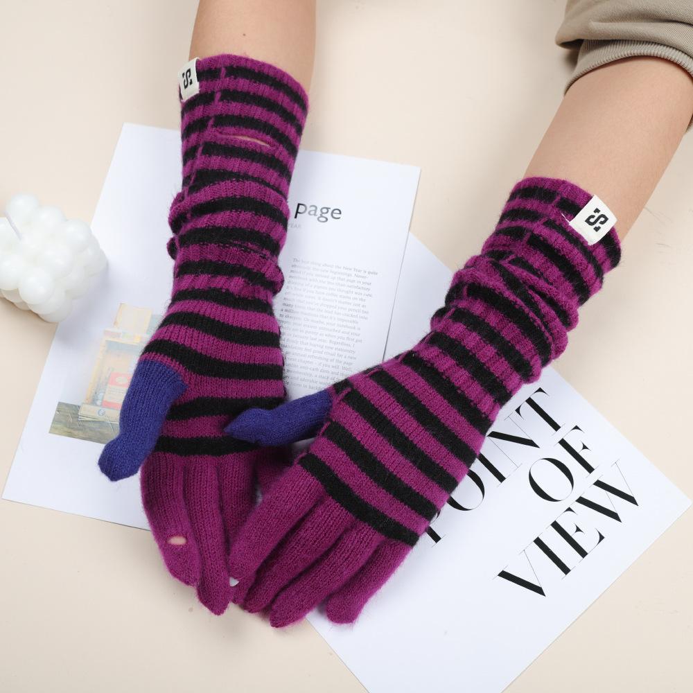 Koreanische Version von Strickhandschuhen mit verlängertem Farbblockdesign für Damen, Streifen, Retro, vielseitig, Herbst und Winter, Outdoor, warm, Fingerwollhandschuhe für Herren