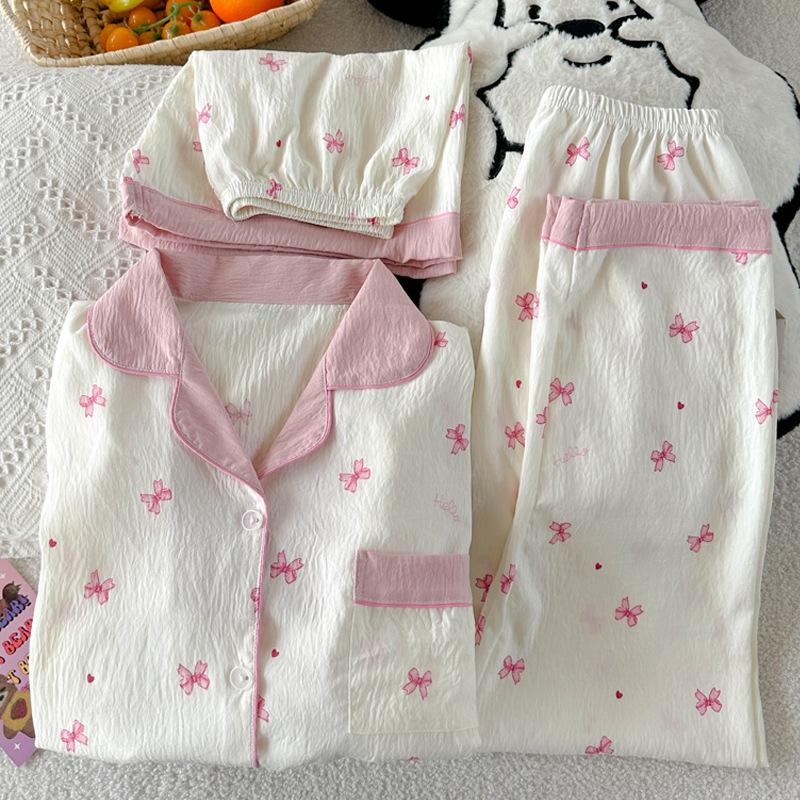 Mädchen Wind Wolke Baumwolle Sommer Pyjama Damen Süße Schleife Kurzarm Mode Loungewear Dreiteiliges Set