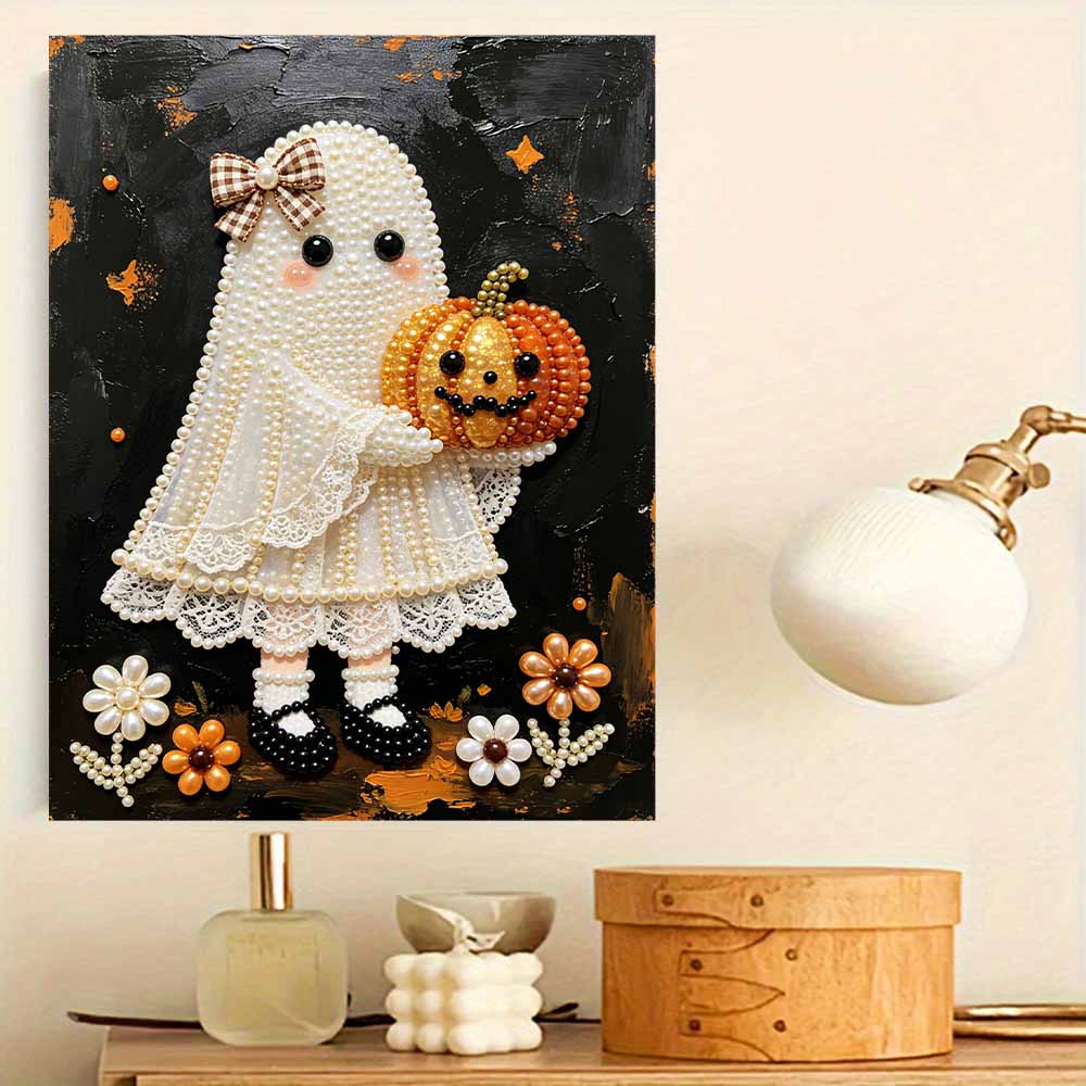 Frameless Pearl Bead Painting Kit Cute Ghost with Pumpkin Design DIY Handmade Craft Canvas for Home Wall Decor Autumn Festival Art