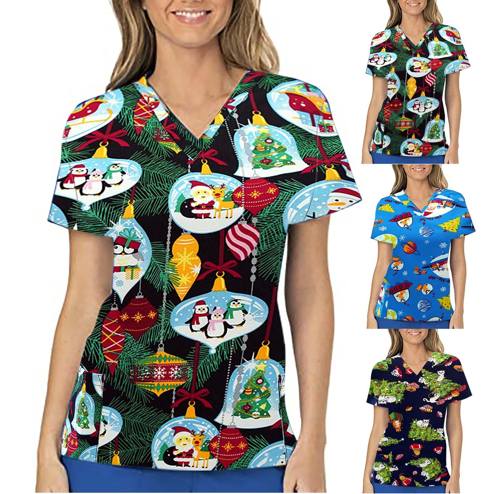 

Женские топы с короткими рукавами и v-образным вырезом, рабочая рождественская блузка