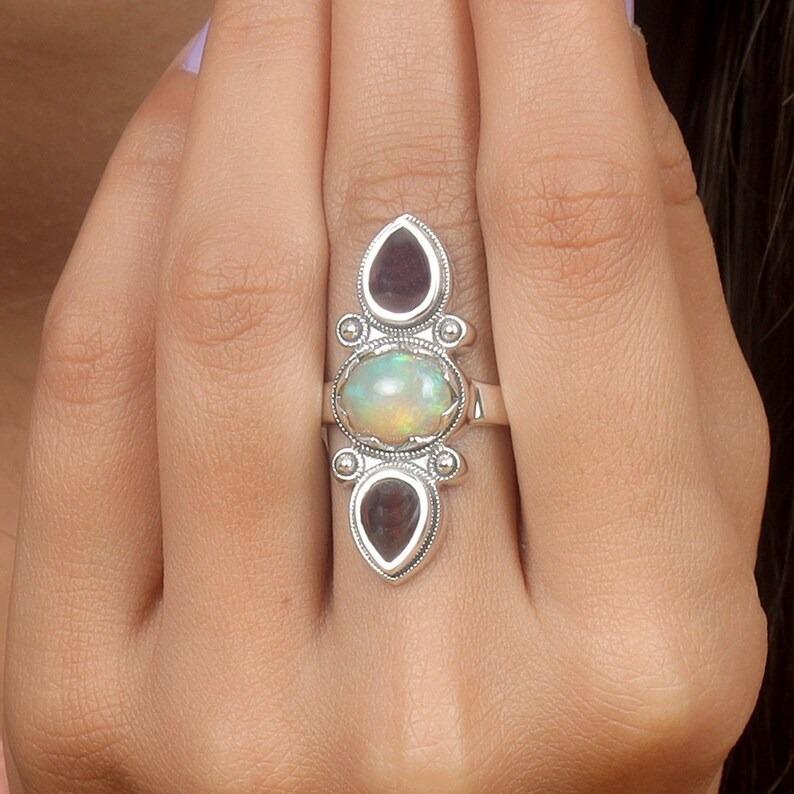 925 Sterling Silver Opal & Garnet Gemstone Ring, Statement Jewelry, Rings For Women, Boho Ring, Silver Charm Jewelry, Wedding Ring