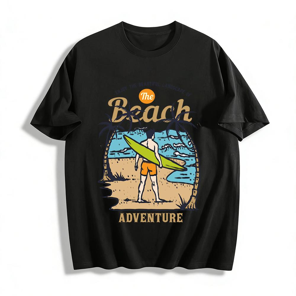 

Summer Beach Surfing Adventure Print Casual Vacation Short Sleeve Top Pure cotton T-shirt XXS