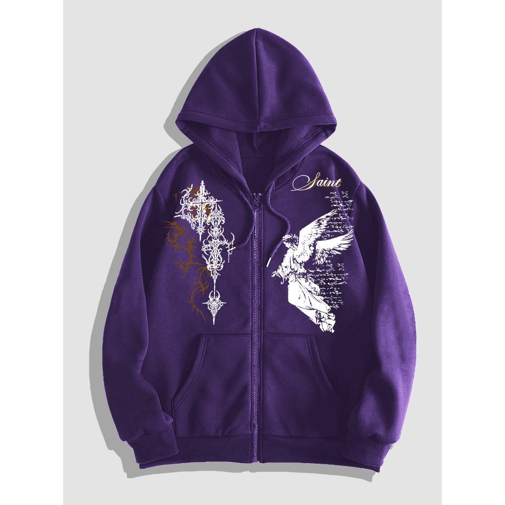 Dark Thorn+Angel Design Original Printed Zipper Hoodie, Fashionable Street Trendy Zipper Hoodie Suitable for Casual Occasions